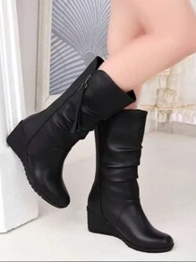 Botas de media pantorrilla para mujeres, botas negras de tacón alto, estilo británico, adelgazante, nueva puntera redonda, cremallera lateral, cuña plana, botas largas