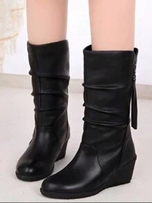 Botas de media pantorrilla para mujeres, botas negras de tacón alto, estilo británico, adelgazante, nueva puntera redonda, cremallera lateral, cuña plana, botas largas