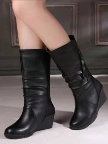 Botas de media pantorrilla para mujeres, botas negras de tacón alto, estilo británico, adelgazante, nueva puntera redonda, cremallera lateral, cuña plana, botas largas