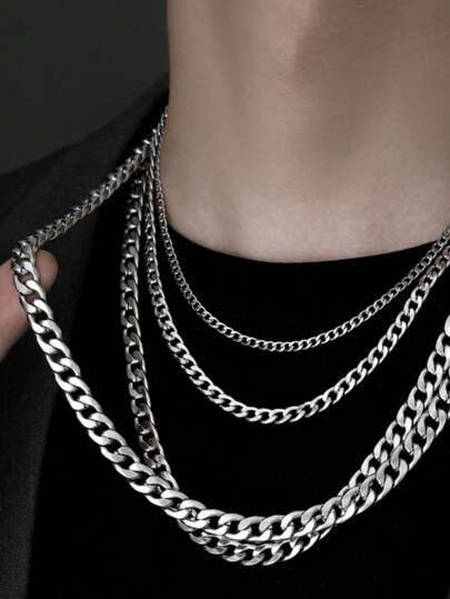 1pc Silver Stainless Steel Basic Cuban Link Chain, Waterproof And Durable, Simple Silver Chain For Men, Suitable As Valentine's Day Gift, For Party And Daily Wear