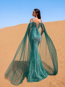 Faeriesty Haute Glamour Off-The-Shoulder Women's Formal Evening Gown With Delicate Spaghetti Straps, Sheer Tulle Spliced Shoulder Accents And Elegant Mermaid Hemline For Red Carpet Galas, Wedding Banquets, Charity Balls, Award Ceremonies And Formal Dinners Party - Dark Green - View 2