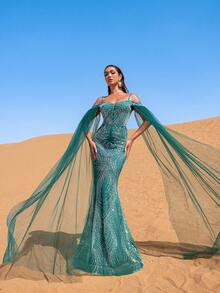 Faeriesty Haute Glamour Off-The-Shoulder Women's Formal Evening Gown With Delicate Spaghetti Straps, Sheer Tulle Spliced Shoulder Accents And Elegant Mermaid Hemline For Red Carpet Galas, Wedding Banquets, Charity Balls, Award Ceremonies And Formal Dinners Party - Dark Green - View 8