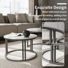 Set Of 2 Round Modern Nesting Table White Ice Jade Slate Accent Tables With Reinforced Metal Frame - White Ice Jade - View 8