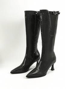 Women's Fashion High Heel Pointed Toe Everyday Minimalist Chic Warm High Shaft Boots For Winter - Black - View 6