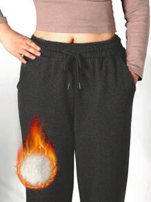 Womens High Waisted Fleece Sweatpants Drawstring Jogger Sweat Pants Cinch Bottom Workout Trousers - Black - View 7