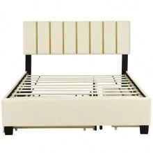 Queen Size Upholstered Platform Bed With 2 Drawers And 1 Trundle, Classic Metal Strip Headboard Design, Beige