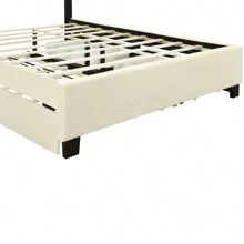 Queen Size Upholstered Platform Bed With 2 Drawers And 1 Trundle, Classic Metal Strip Headboard Design, Beige
