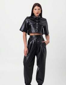 Black Pleated Pu Leather Pants In Labrava - 黑色 - 查看 3