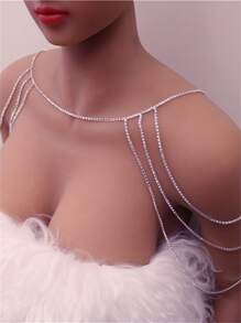 1 pieza Cadena de hombro con decoración de strass de lujo, accesorio de vestido de novia, joyería de moda para mujer - Plateado - Ver 2
