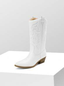 Women'S Cowboy Western Boots Point Toe Pull On Cowgirl Boots  Embroidered Detail Chunky Heeled Spring And Winter Back To School Party Festival Matching Dress Mid Calf White Boots - 白色 - 查看 6