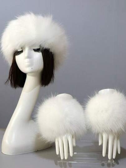 Set de 2 piezas Gorro de punto de unicolor y puños de acrílico esponjoso, con ribete esponjoso, cálido para otoño e invierno, accesorios de invierno, atuendos de invierno, regalo de San Valentín