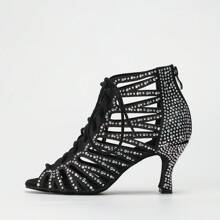 1 Pair High Heels 7.5CM Dance Shoes With Rhinestone Decor, Black/White/Beige, Comfortable Latin Waltz Ballroom Dance Boots