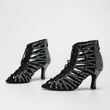 1 Pair High Heels 7.5CM Dance Shoes With Rhinestone Decor, Black/White/Beige, Comfortable Latin Waltz Ballroom Dance Boots