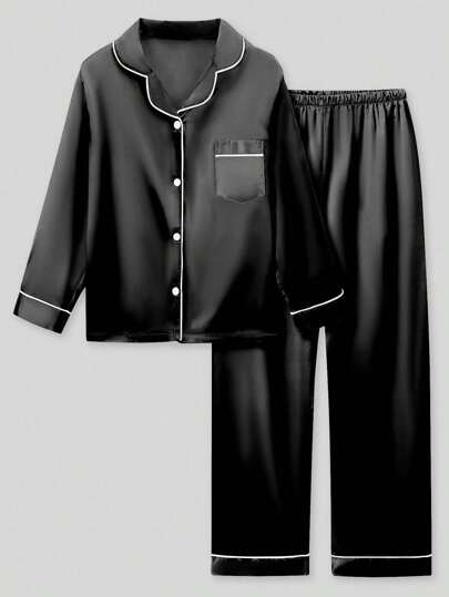 2pcs Tween Boy Black Long Sleeve Pajama Set