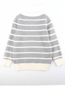 Young Boy Striped Lapel Cartoon Embroidered Sweater, Autumn/Winter - Grey - View 6