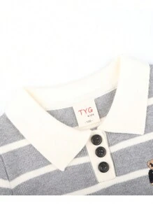Young Boy Striped Lapel Cartoon Embroidered Sweater, Autumn/Winter - Grey - View 2