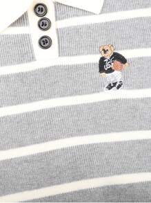 Young Boy Striped Lapel Cartoon Embroidered Sweater, Autumn/Winter - Grey - View 4