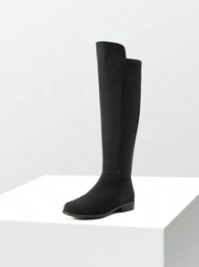 Women Reserve Tall Boots, Flat Low Heel Stretchy Knee High Boots Comfortable Round Toe Suede Slouch Side Zipper Fashionable Solid Color Boots - DA LỘN MÀU ĐEN - Xem 4