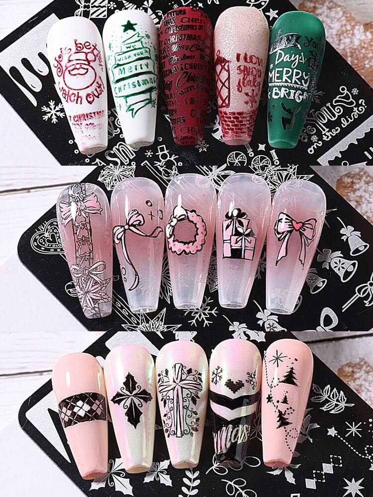 1pc/6pcs 3D Elk Sled Pattern Nail Stamping Plates Christmas Cute Cartoon Winter Snowflake Bowknot Bell Lollipop Letter French Lines Santa Claus Pattern Design Nail Art Stamp Templates Christmas, Manicure Art Accessories Tools For Salon, Great Gift For Girl And Woman - Silver - View 2
