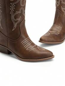 Women'S Cowboy Western Boots Point Toe Pull On Cowgirl Boots  Embroidered Detail Chunky Heeled Spring And Winter Back To School Party Festival Matching Dress Mid Calf Coffee Brown Boots - 咖啡棕 - 查看 6