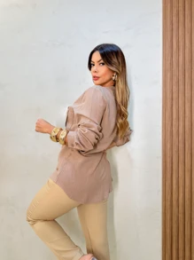 LONG SLEEVE SHIRT WITH TWO POCKETS LINEN/COTTON - 米色 - 查看 2