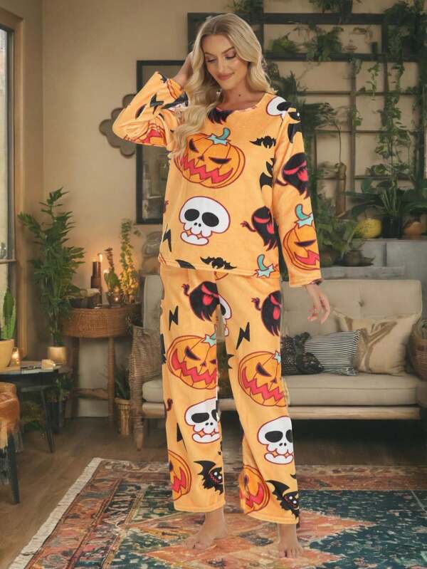 2024 Halloween New Flannel Funny Pumpkin & Ghost Printed Lounge Pants Set