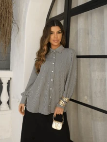Women's Long Sleeve Striped Shirt With Buttons Loose In Premium Crepe Fabric Without Pockets Elegant Casual - 黑色條紋 - 查看 2