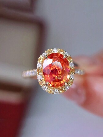 1 件时尚百搭 S925 纯银橙红色椭圆形锆石复古女士戒指，适合日常佩戴、节日和派对、珠宝礼物