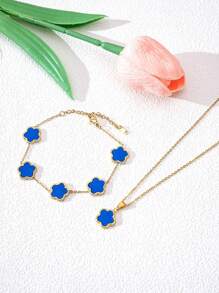 2pcs Dreamy Five-Leaf Clover Necklace & Bracelet Set, French Style Fashionable Minimalist Jewelry For Women Valentines,Mom,Mother,Mother's Day,Gift