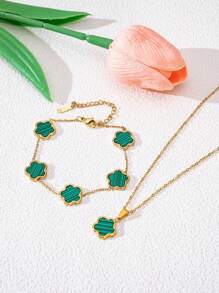 2pcs Dreamy Five-Leaf Clover Necklace & Bracelet Set, French Style Fashionable Minimalist Jewelry For Women Valentines,Mom,Mother,Mother's Day,Gift