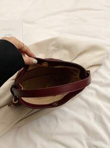 1 Piece Small Tote Handbag, Shoulder Bag, Crossbody Bag, Bucket Bag, Work Bag, Commuter Bag, Faux Leather, (9.5*8.7*3.9) Inches - Burgundy - View 7