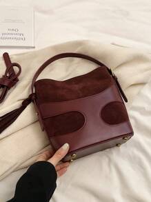 1 Piece Small Tote Handbag, Shoulder Bag, Crossbody Bag, Bucket Bag, Work Bag, Commuter Bag, Faux Leather, (9.5*8.7*3.9) Inches - Burgundy - View 6