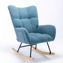 Rocking Chair With Pocket, Soft Teddy Fabric Rocking Chair For Nursery, Comfy Wingback Glider Rocker With Safe Solid Wood Base For Living Room Bedroom Balcony (Blue) - Màu xanh lam - Xem 5