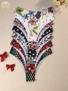 7条/包 - 女士圣诞印花荷叶边舒适性感柔软纯棉三角裤 - 彩色 - 查看 1