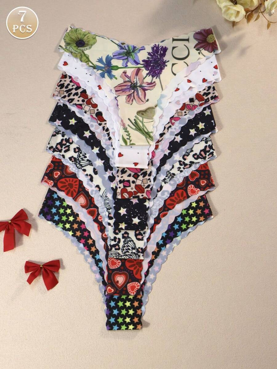 7条/包 - 女士圣诞印花荷叶边舒适性感柔软纯棉三角裤 - 彩色 - 查看 1