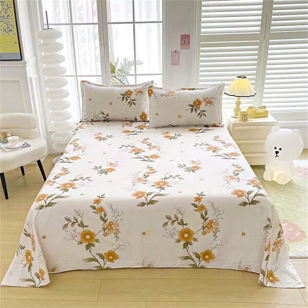 3pcs Floral Printed Bedding Set: 1pc Bed Sheet + 2pcs Pillowcases, All-Season Dust-Proof, Suitable For Double Bed And Single Bed (No Filler)