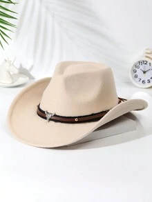 1 件男女通用牛头装饰波西米亚风牛仔帽女牛仔帽软呢帽适合派对 - 米色 - 查看 15