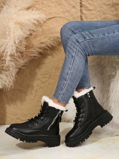 女士纯色毛绒内衬战斗靴，带毛边装饰，冬季保暖户外踝靴，保暖内衬靴，女靴，雪地靴