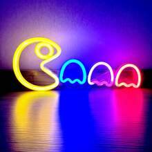 1 个 Pacman 霓虹灯，约 35x14.5 厘米（13.7x5.7 英寸），USB/电池供电，两用，男士游戏室、墙壁和桌面装饰灯，适用于卧室、宿舍、庭院、酒吧、婚礼、情人节、万圣节、圣诞节