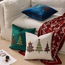 1pc Soft Velvet Christmas Tree Embroidered Pillow Cover , 45*45CM , Red - Merah - View 3