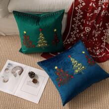 1pc Soft Velvet Christmas Tree Embroidered Pillow Cover , 45*45CM , Red - Merah - View 4