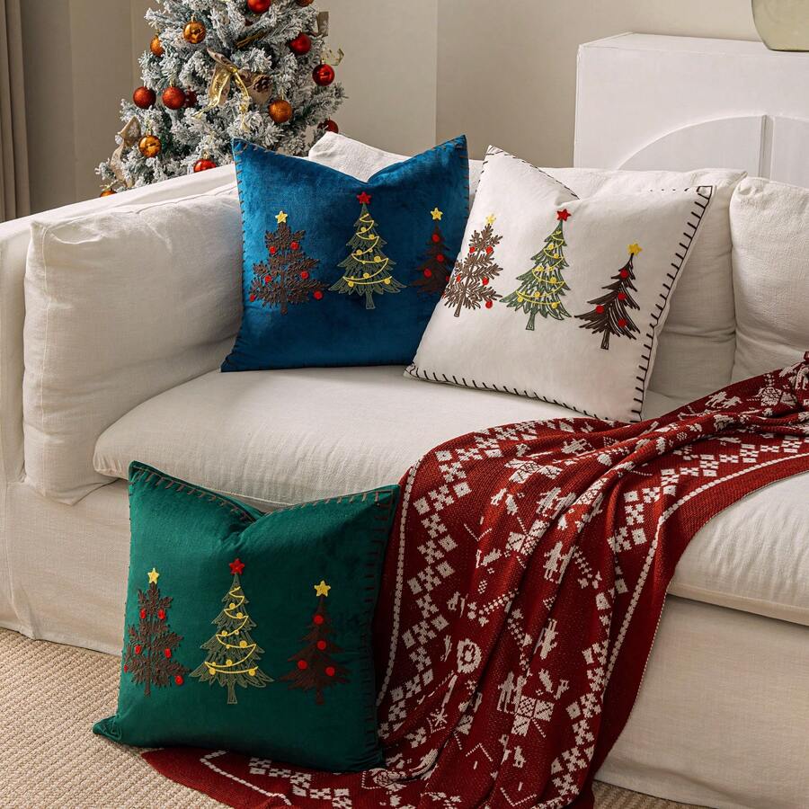 1pc Soft Velvet Christmas Tree Embroidered Pillow Cover , 45*45CM , Red - Merah - View 1