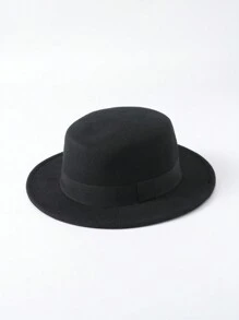 1pc Autumn/Winter British-Style Flat Top Hat, Black, Korean Gentleman's Wool Felt Wide Brim Hat For Women