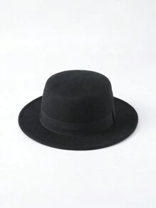 1pc Autumn/Winter British-Style Flat Top Hat, Black, Korean Gentleman's Wool Felt Wide Brim Hat For Women