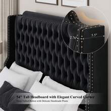 Queen/King Size Bed Frame With Tall Headboard, Platform Bed With Deep Button Tufted Footboard, Velvet Upholstered Bed Frame, Nailhead Trim, Handmade Pleats, No Box Spring Needed - 黑色 - 查看 3