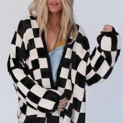 Casual Black & White Plaid Oversized Drop Shoulder Cardigan, Autumn/Winter,Long Sleeve Tops