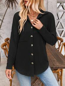 Black Long Sleeve Button-Up Shirt With Patch Pockets - Black - View 3