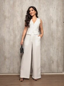 ANLE MODAS Women's Set Vest With Tailored Trousers Chic Social Printed Striped - trắng - Xem 1