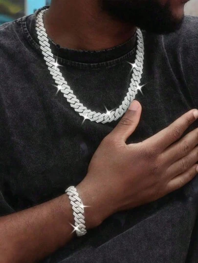 1入組嘻哈時尚冰晶15.5mm項鍊和手鍊，男女適用，時尚，適合男士作為禮物