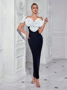 Elisanya Vestido con estampado floral de vendaje para eventos de cóctel, boda, invitada, vestido de gala, vestido de fiesta - Negro - Ver 1